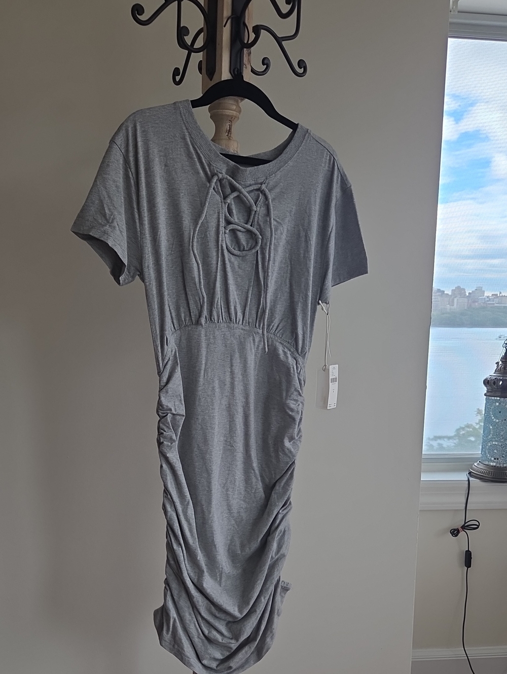 Anthropologie Gray Lace-Up Ruched Midi Dress